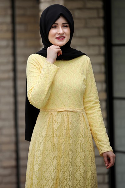Hira Dantel Elbise -Sarı - Piennar
